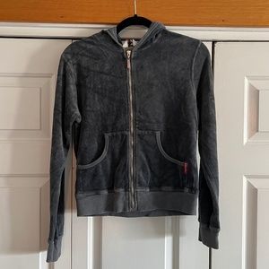 Hard Tail Women Black Velour Zip-Up Hoodie Elastic Waistband Style Sweater Sz M